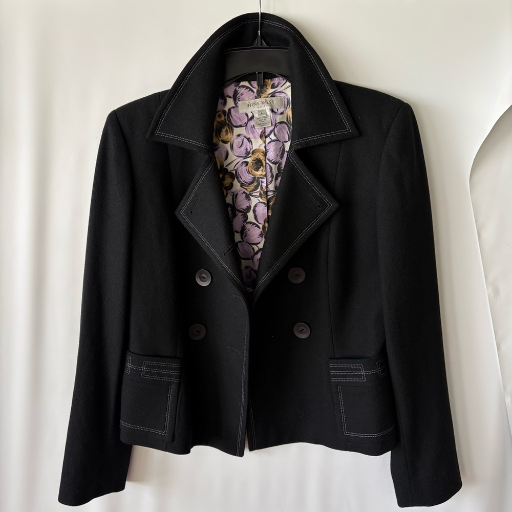 Nine West Black Double-Breasted Blazer size 6. Violet stitching capsule piece.